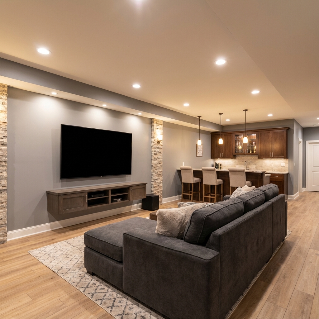Basement finishing with modern entertainment area